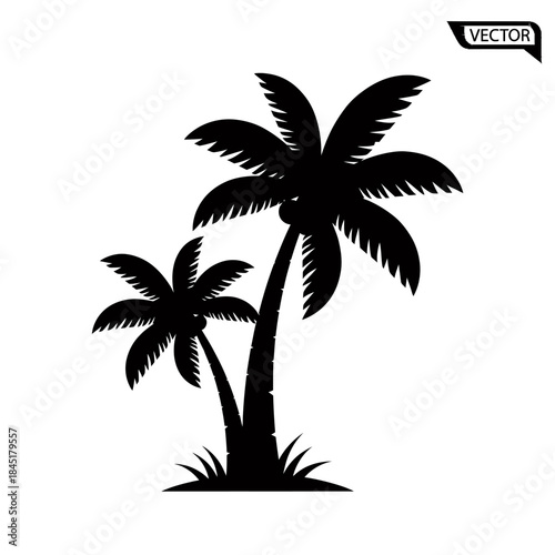 Black silhouette vector icon of two elegant tropical palm trees, evoking a serene island paradise and summer vacation dreams, ideal for nature-themed graphic design projects and decorative elements