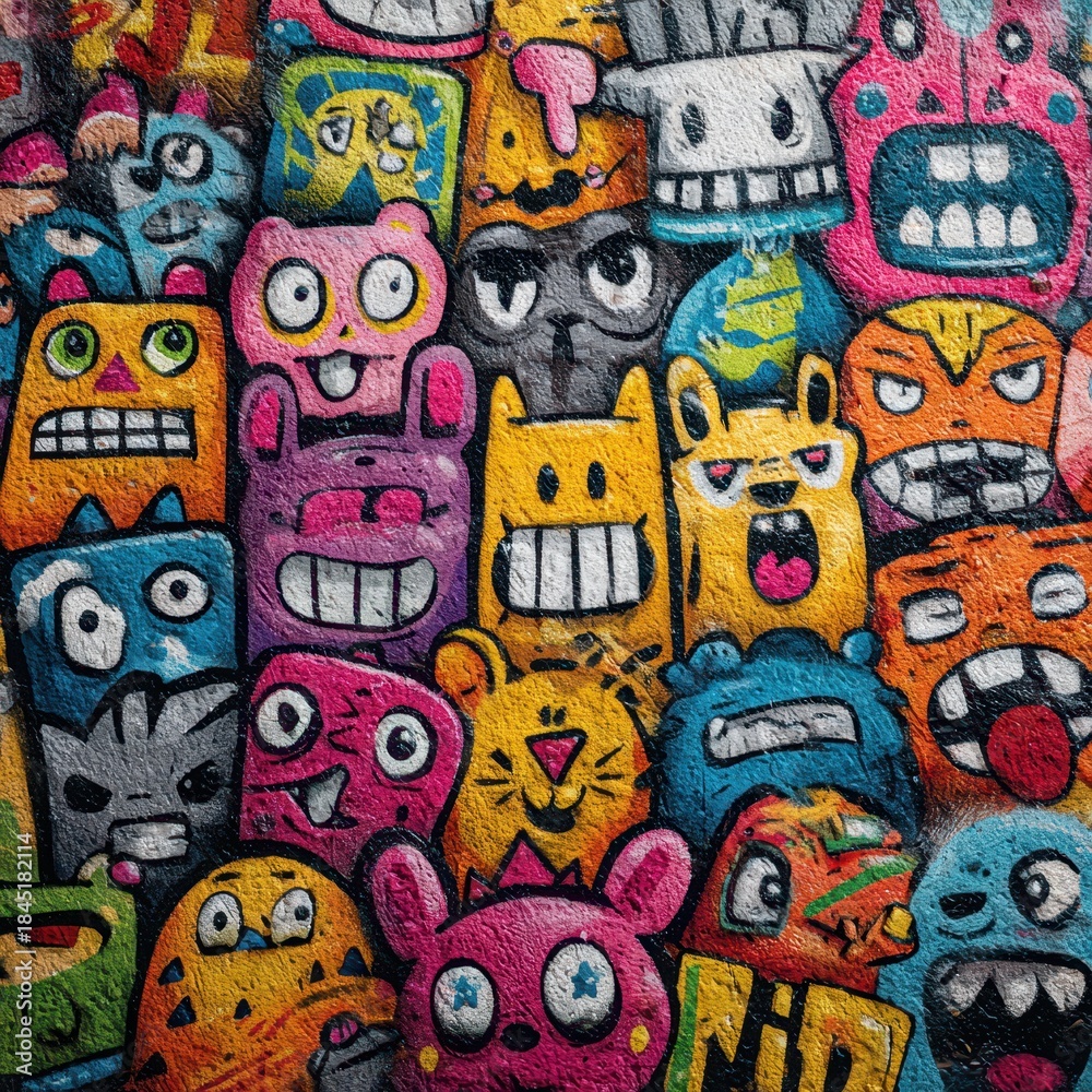 Obraz premium Vibrant graffiti wall displaying colorful cartoon monster characters