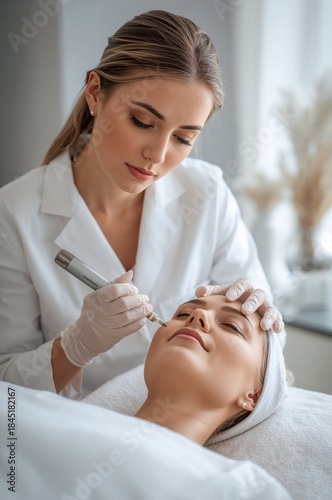 Beautician Performs Skin Treatment on Client in Wellness Center Located in a ...