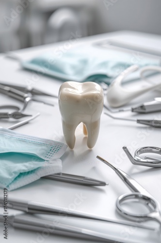 Dental Tools Surround a Model of Teeth on a Table During a Dental Exam in a C...