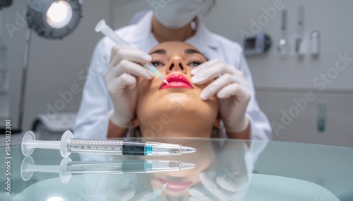 Woman Receiving Lip Filler Treatment at Clinic With Medical Professional Perf...