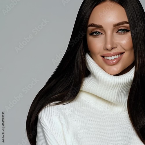 Elegant Portrait: A captivating woman with long, lustrous dark hair and radiant skin exudes sophistication and poise in this striking studio portrait.