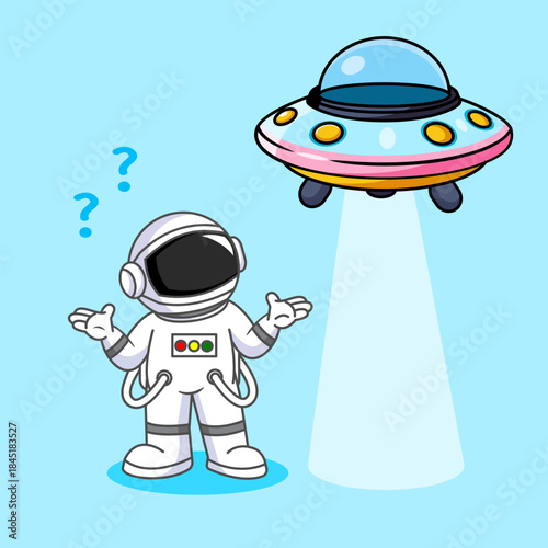 Confused Astronaut Encountering a UFO Vector Illustration Cartoon Design