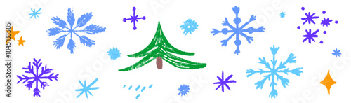 Grunge Christmas snowflake collection with crayon scribbles and chalk shading. Snowy tones enhance each snowflake, pairing crayon detail with soft chalk snow textures.