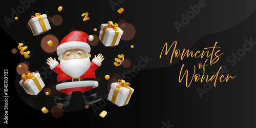 3D happy Santa Claus jumping with floating gifts and gold confetti. Cartoon Christmas character on black background. Holiday banner with Moments of Wonder text