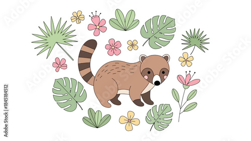 Cute raccoon surrounded by colorful tropical leaves and flowers