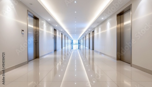 Wallpaper Mural Modern Office Building Hallway with Multiple Elevator Doors and Reflective Floor Torontodigital.ca