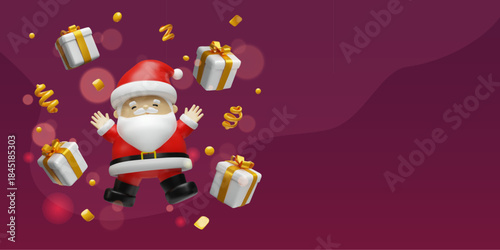 Festive Christmas banner featuring a joyful Santa Claus surrounded gift boxes wrapped in white paper with golden ribbons. Bright holiday confetti, curled golden streamers add movement and celebration.