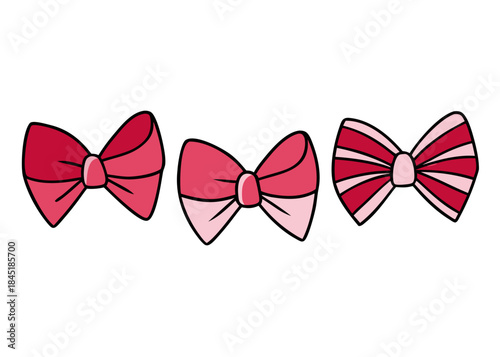 Three Red and Pink Bows Arranged Horizontally on a White Background with Varying Shades of Red and Pink and a Striped Pattern on the Rightmost Bow