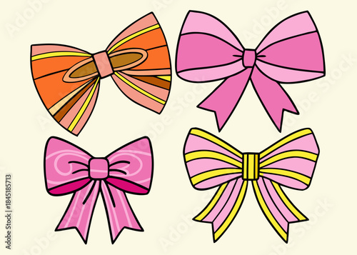 Group of four colorful hand-drawn bows with varied stripe patterns and solid colors in shades of orange pink and yellow with black outlines on a pale yellow background for decorative use Keywords