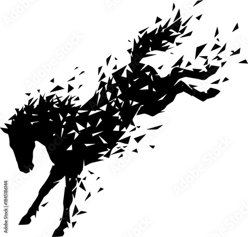 Bucking Horse Silhouette Abstract Geometric Style. Chaotic Black Fragmented Vector Illustration of Wild Animal Isolated on White