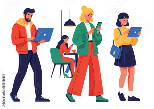 People using gadgets set. Business men, women work online, surfing internet with desktop computer, laptop, mobile phone