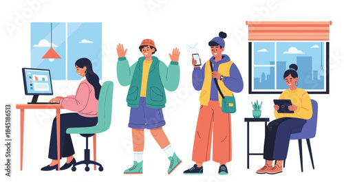 Work gadget. People use laptop, phone hold. Business tablet, online communication, internet call. Man and woman with device, smartphone