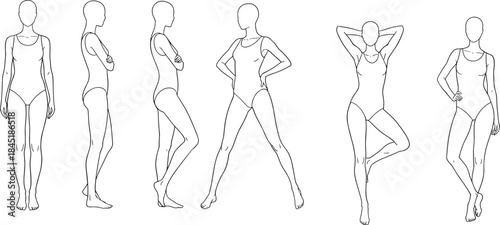 Female body pose line drawing set showing fashion figure proportions, anatomy reference, and standing model poses for design illustration