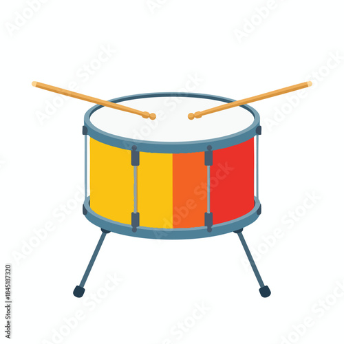 A vibrant cartoon drum with yellow, orange, and red sides, resting on a blue stand with two drumsticks.