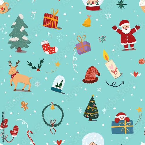 winter Christmas seamless pattern background, with cute cartoon of Santa Claus, ornament, Christmas tree, gift box, candy canes, reindeer, snow globe, sock isolated on light green background