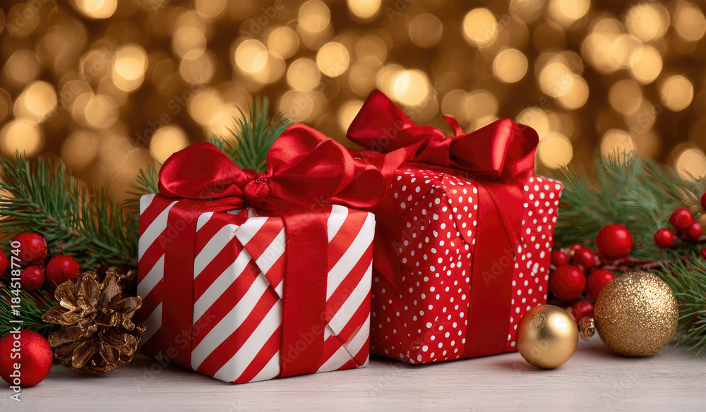 Obraz premium Festive wrapped Christmas presents with pine and berries