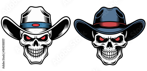 skulls in cowboy hats with glowing red eyes