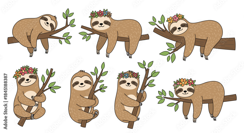 Fototapeta premium Adorable collection of hand-drawn cartoon sloths in various cute poses, sleeping and hanging on tree branches with green leaves.