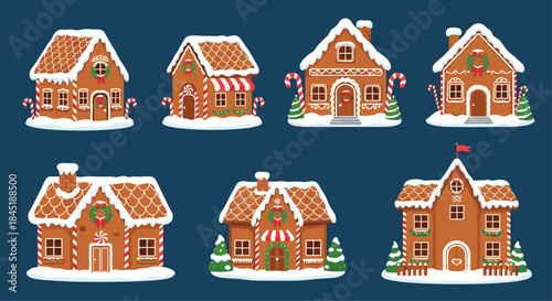 Festive collection of seven detailed gingerbread houses decorated with white icing, candy canes, and Christmas wreaths on snow.