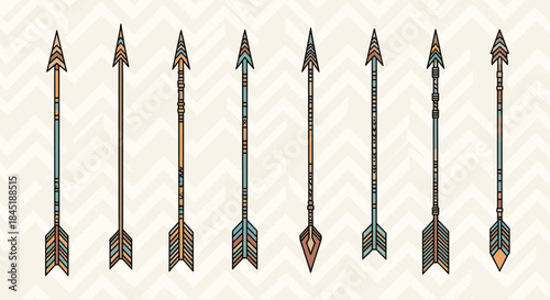 Collection of eight tribal arrows with intricate geometric patterns, in a hand-drawn bohemian style with earthy colors.
