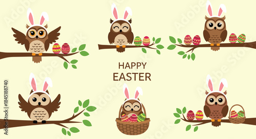 Collection of adorable brown owls wearing pink and white bunny ears for Easter, sitting on tree branches with decorated eggs.