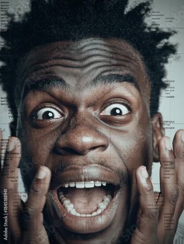 Fearful Expression: A close-up shot capturing a raw and intense expression of fear, the subject's eyes wide and mouth agape, expressing a moment of terror. 