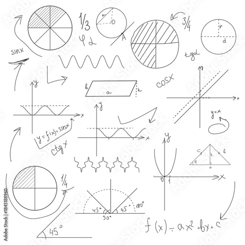 School math graphs, drawings and diagrams, black and white sketch. Vector illustration. Trigonometric and algebraic equations, formulas, circles and geometry isolated on white background. 