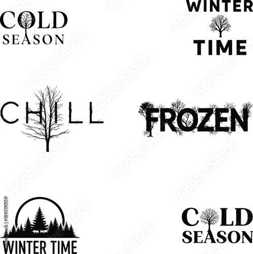 A collection of winter themed typographic designs featuring bare trees and seasonal phrases in black and white