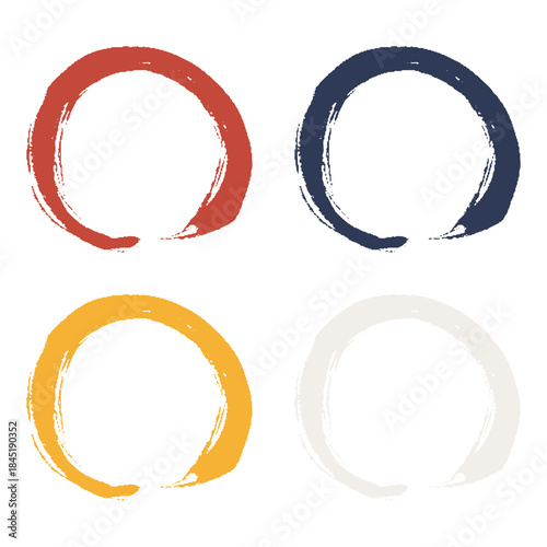 赤、青、黄色、アイボリーの筆タッチの和風のあしらいのイラスト4個セット