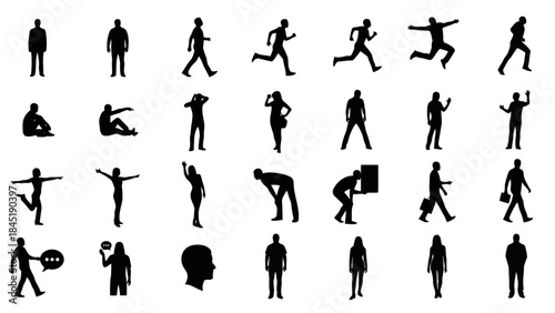 Black silhouette people performing various actions