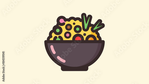 Cartoon bowl of colorful food illustration on a neutral background