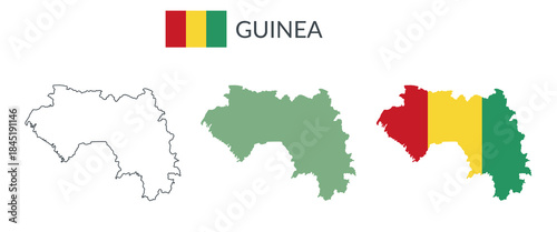 Guinea geographical borders isolated on white background. Flag of Guinea. Vector flat cliparts.