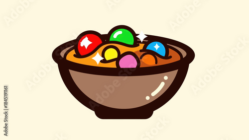 Cartoon bowl of colorful candies with highlights against a light background
