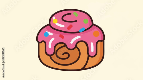 Cartoon cinnamon roll with pink frosting and colorful sprinkles on beige