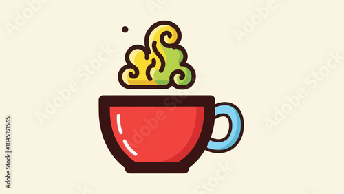Cartoon coffee cup illustration with colorful steam element on light background