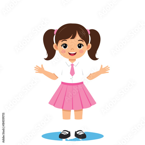 A cute cartoon girl with brown pigtails wearing a white shirt, pink tie, and pink skirt, smiling happily with open arms.