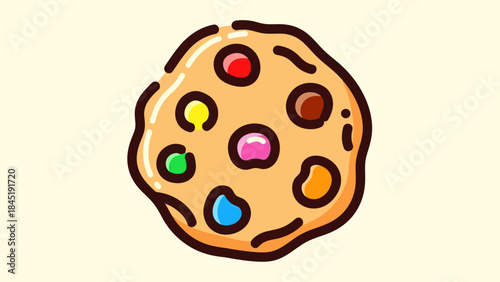 Cartoon cookie with colorful candy toppings isolated on cream background