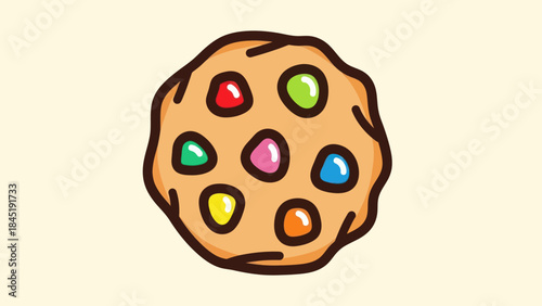 Cartoon cookie with colorful candy toppings isolated on cream background