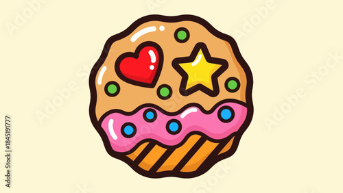Cartoon cupcake illustration with frosting and decorative toppings on a light background