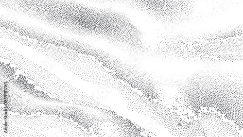 Abstract particle gradation background with soft grain and digital spray effect. Stipple wave flow texture in monochrome with gentle grain for creative design. 