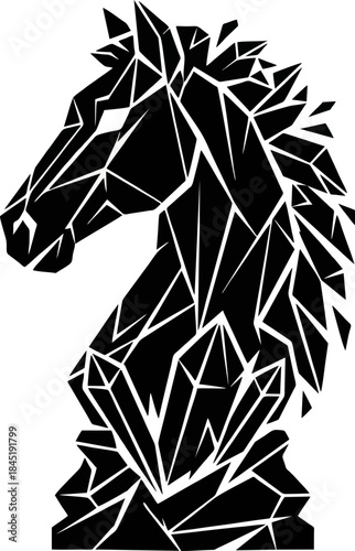 Geometric Chess Knight Silhouette Vector. Abstract Shattered Black Crystal Style Horse Chess Piece Isolated on White Background