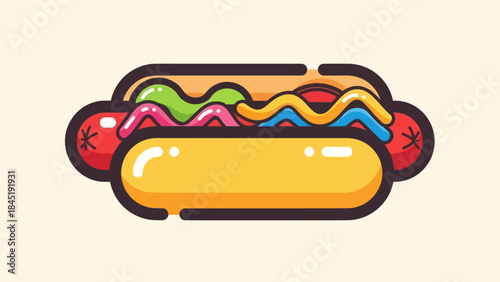 Cartoon hot dog illustration with colorful condiments isolated on light background