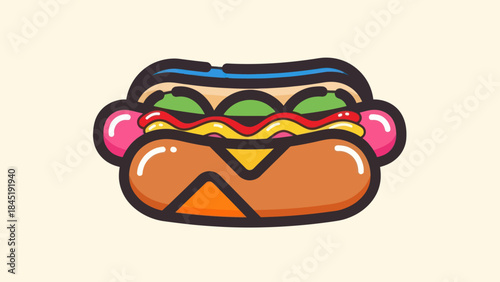 Cartoon hot dog illustration with condiments and bun on simple background