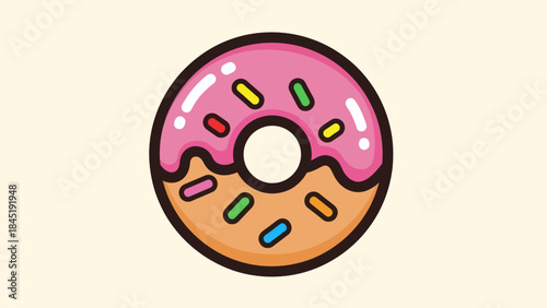 Cartoon donut with pink glaze and colorful sprinkles on beige background