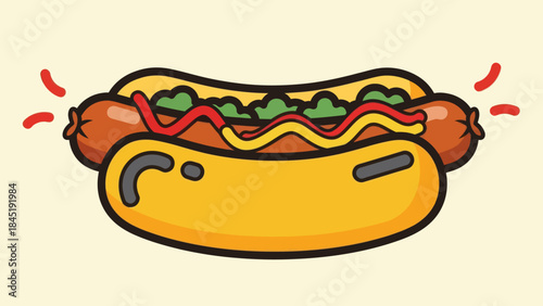 Cartoon hot dog illustration with condiments on a yellow background