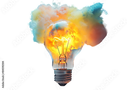 Light bulb with vibrant exploding colors isolated on a transparent background idea