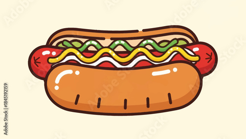 Cartoon hot dog illustration with mustard ketchup and relish on a bun