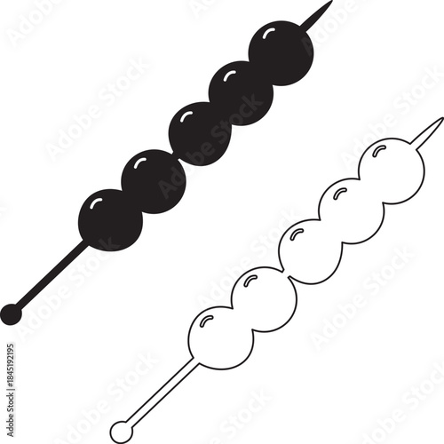 A simple illustration depicting a skewer of olives in both a filled and outline style for design