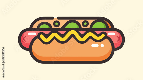 Cartoon hot dog with mustard and condiments isolated on light background